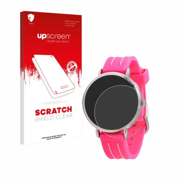 Face avant d’un emballage produit avec le logo de la marque upscreen. À côté, l’appareil Kiddus Children's Learning Watch est 