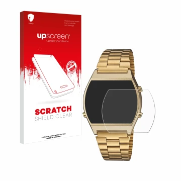 Face avant d’un emballage produit avec le logo de la marque upscreen. À côté, l’appareil Casio Retro B640WB est représenté ave