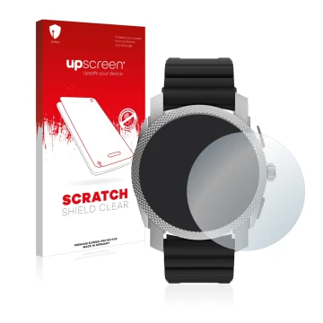 Face avant d’un emballage produit avec le logo de la marque upscreen. À côté, l’appareil Fossil Gen 6 Hybrid Machine (45mm) es