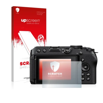 Face avant d’un emballage produit avec le logo de la marque upscreen. À côté, l’appareil Nikon Z 30 est représenté avec la pro