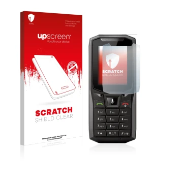 Face avant d’un emballage produit avec le logo de la marque upscreen. À côté, l’appareil Crosscall Core-S4 est représenté avec