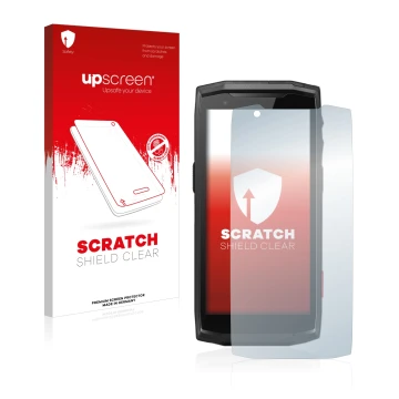 Face avant d’un emballage produit avec le logo de la marque upscreen. À côté, l’appareil Crosscall Core-M5 est représenté avec