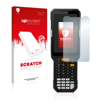 Face avant d’un emballage produit avec le logo de la marque upscreen. À côté, l’appareil Point Mobile PM451 est représenté ave