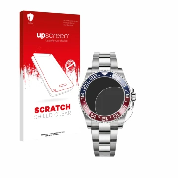 Face avant d’un emballage produit avec le logo de la marque upscreen. À côté, l’appareil Rolex GMT-Master II est représenté av