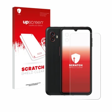 Face avant d’un emballage produit avec le logo de la marque upscreen. À côté, l’appareil Samsung Galaxy Xcover 6 Pro (Avant+Ca