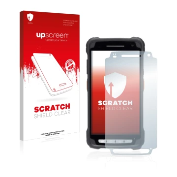 Face avant d’un emballage produit avec le logo de la marque upscreen. À côté, l’appareil Janam XT3 est représenté avec la prot