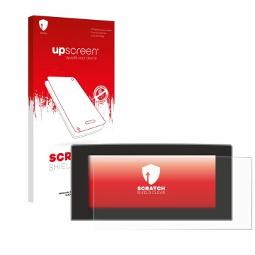 Face avant d’un emballage produit avec le logo de la marque upscreen. À côté, l’appareil Ford Focus 2022 Sync 4 13.2