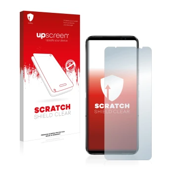 Face avant d’un emballage produit avec le logo de la marque upscreen. À côté, l’appareil ASUS ROG Phone 6 Pro est représenté a