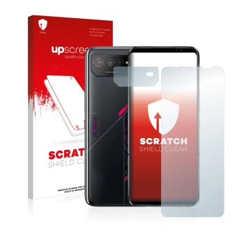 Face avant d’un emballage produit avec le logo de la marque upscreen. À côté, l’appareil ASUS ROG Phone 6 (Avant+Caméra) est r