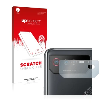 Face avant d’un emballage produit avec le logo de la marque upscreen. À côté, l’appareil ASUS ROG Phone 6 (Caméra UNIQUEMENT) 