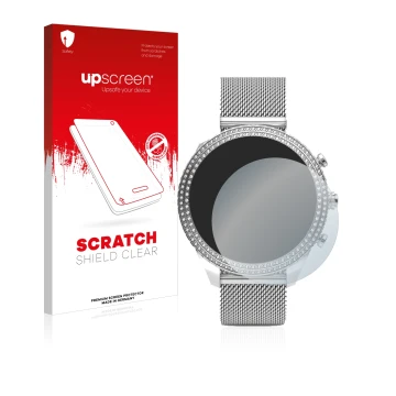 Face avant d’un emballage produit avec le logo de la marque upscreen. À côté, l’appareil Fossil Stella (6. Gen) est représenté