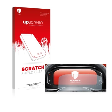 Face avant d’un emballage produit avec le logo de la marque upscreen. À côté, l’appareil Volkswagen Tiguan 2021 Digital Cockpi