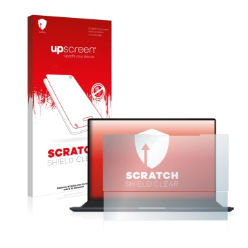 Face avant d’un emballage produit avec le logo de la marque upscreen. À côté, l’appareil ASUS ZenBook Pro 14 Duo OLED UX8402 e