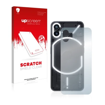 Face avant d’un emballage produit avec le logo de la marque upscreen. À côté, l’appareil Nothing Phone (1) (Arrière) est repré