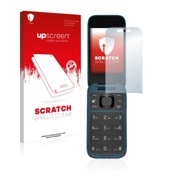 Face avant d’un emballage produit avec le logo de la marque upscreen. À côté, l’appareil Nokia 2660 Flip est représenté avec l