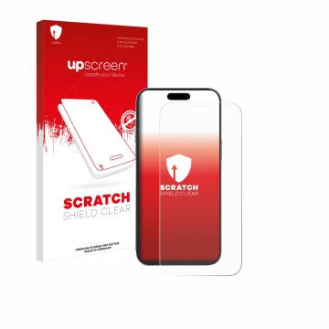 Face avant d’un emballage produit avec le logo de la marque upscreen. À côté, l’appareil Apple iPhone 14 Pro Max est représent