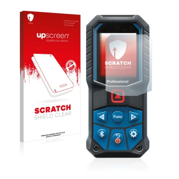 Face avant d’un emballage produit avec le logo de la marque upscreen. À côté, l’appareil Bosch GLM 50-27 C est représenté avec