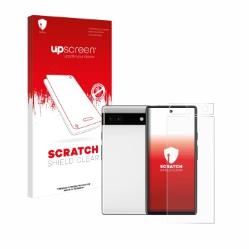 Face avant d’un emballage produit avec le logo de la marque upscreen. À côté, l’appareil Google Pixel 6a (Avant+Caméra) est re