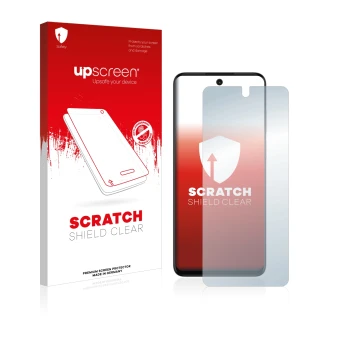Face avant d’un emballage produit avec le logo de la marque upscreen. À côté, l’appareil Motorola Moto G32 est représenté avec