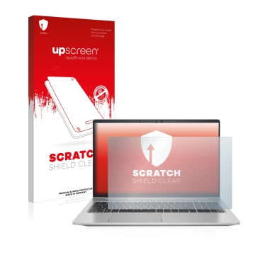 Face avant d’un emballage produit avec le logo de la marque upscreen. À côté, l’appareil HP ProBook 650 G8 est représenté avec