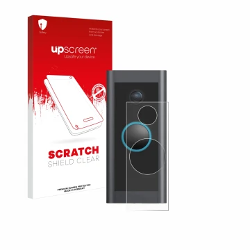 Face avant d’un emballage produit avec le logo de la marque upscreen. À côté, l’appareil Ring Video Doorbell Wired est représe