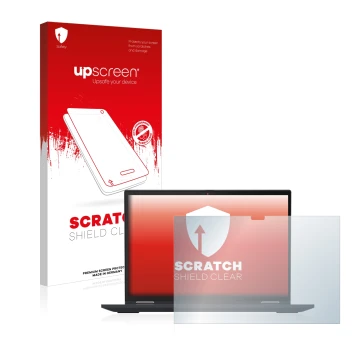 Face avant d’un emballage produit avec le logo de la marque upscreen. À côté, l’appareil Lenovo ThinkPad X13 Yoga Gen 3 est re
