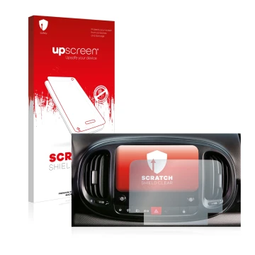 Face avant d’un emballage produit avec le logo de la marque upscreen. À côté, l’appareil Fiat 500L 2022 Uconnect 7
