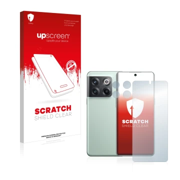 Face avant d’un emballage produit avec le logo de la marque upscreen. À côté, l’appareil OnePlus 10T 5G (Avant+Caméra) est rep