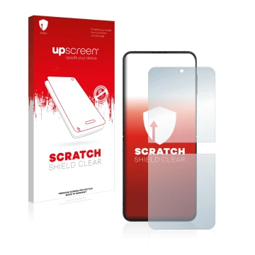 Face avant d’un emballage produit avec le logo de la marque upscreen. À côté, l’appareil Samsung Galaxy Z Flip 4 est représent