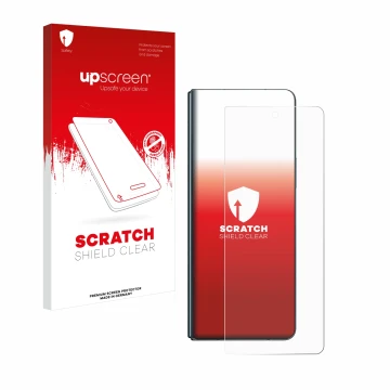 Face avant d’un emballage produit avec le logo de la marque upscreen. À côté, l’appareil Samsung Galaxy Z Fold 4 est représent