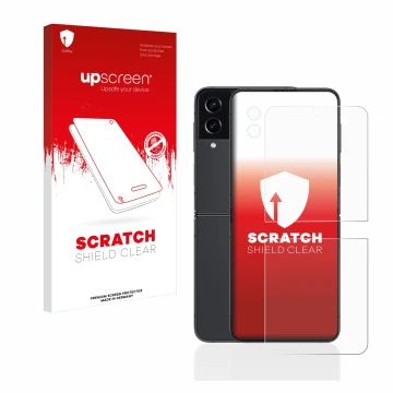 Face avant d’un emballage produit avec le logo de la marque upscreen. À côté, l’appareil Samsung Galaxy Z Flip 4 (Avant+Caméra