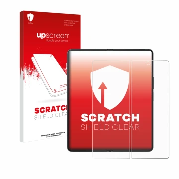 Face avant d’un emballage produit avec le logo de la marque upscreen. À côté, l’appareil Samsung Galaxy Z Fold 4 (Affichage in