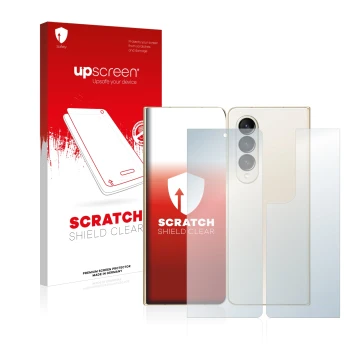Face avant d’un emballage produit avec le logo de la marque upscreen. À côté, l’appareil Samsung Galaxy Z Fold 4 (Avant+Arrièr