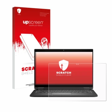 Face avant d’un emballage produit avec le logo de la marque upscreen. À côté, l’appareil Dell Latitude 7390 2-in-1 Business es