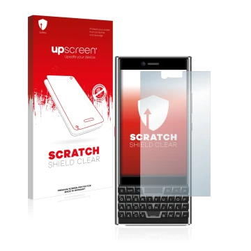 Face avant d’un emballage produit avec le logo de la marque upscreen. À côté, l’appareil Unihertz Titan Slim est représenté av