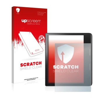 Face avant d’un emballage produit avec le logo de la marque upscreen. À côté, l’appareil Tolino Epos 3 est représenté avec la 