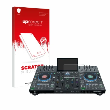 Face avant d’un emballage produit avec le logo de la marque upscreen. À côté, l’appareil Denon DJ Prime 4 est représenté avec 