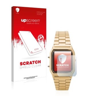 Face avant d’un emballage produit avec le logo de la marque upscreen. À côté, l’appareil Casio AQ-230GA est représenté avec la