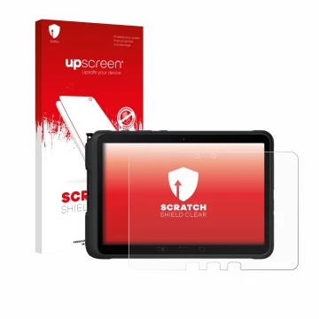 Face avant d’un emballage produit avec le logo de la marque upscreen. À côté, l’appareil Samsung Galaxy Tab Active 4 Pro est r