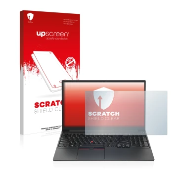 Face avant d’un emballage produit avec le logo de la marque upscreen. À côté, l’appareil Lenovo ThinkPad E15 Gen 4 est représe