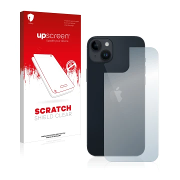 Face avant d’un emballage produit avec le logo de la marque upscreen. À côté, l’appareil Apple iPhone 14 Plus (Arrière) est re