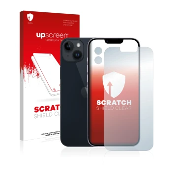 Face avant d’un emballage produit avec le logo de la marque upscreen. À côté, l’appareil Apple iPhone 14 Plus (Avant+Caméra) e