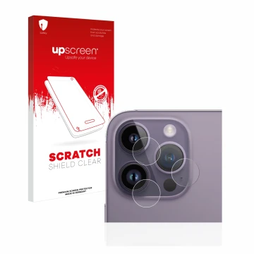 Face avant d’un emballage produit avec le logo de la marque upscreen. À côté, l’appareil Apple iPhone 14 Pro Max (Caméra UNIQU