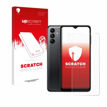 Face avant d’un emballage produit avec le logo de la marque upscreen. À côté, l’appareil Samsung Galaxy A04s (Avant+Caméra) es