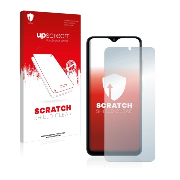 Face avant d’un emballage produit avec le logo de la marque upscreen. À côté, l’appareil Xiaomi Poco M5 est représenté avec la