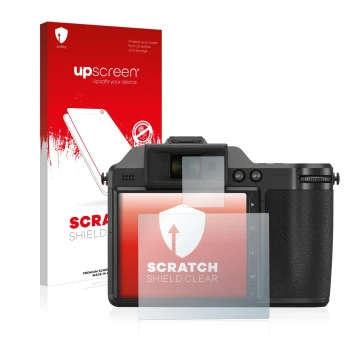 Face avant d’un emballage produit avec le logo de la marque upscreen. À côté, l’appareil Fujifilm X-H2 est représenté avec la 