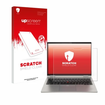 Face avant d’un emballage produit avec le logo de la marque upscreen. À côté, l’appareil Lenovo ThinkPad X1 Titanium Yoga Gen 