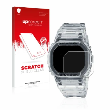 Face avant d’un emballage produit avec le logo de la marque upscreen. À côté, l’appareil Casio G-Shock DW-5600SKE-7 est représ