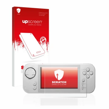 Face avant d’un emballage produit avec le logo de la marque upscreen. À côté, l’appareil Evercade EXP est représenté avec la p
