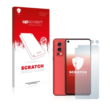 Face avant d’un emballage produit avec le logo de la marque upscreen. À côté, l’appareil OnePlus Nord 2 5G (Avant+Caméra) est 